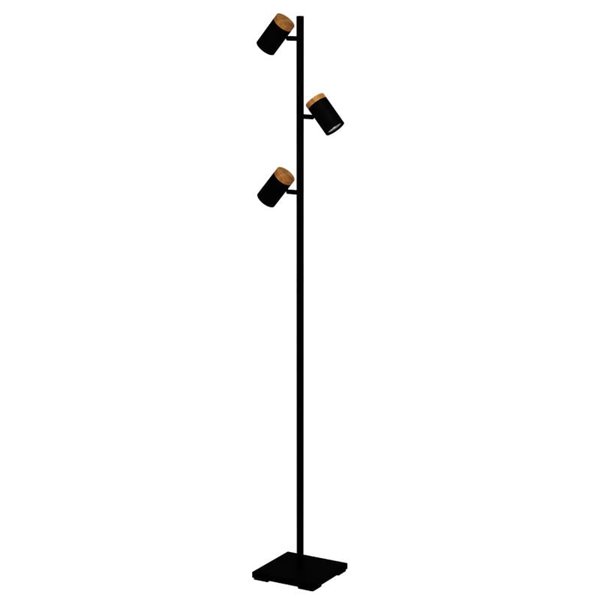 Lámpara de pie LED con 3 focos orientables CARTAGENA, negro con detalles madera, 3xGU10 4,5W, 3000K