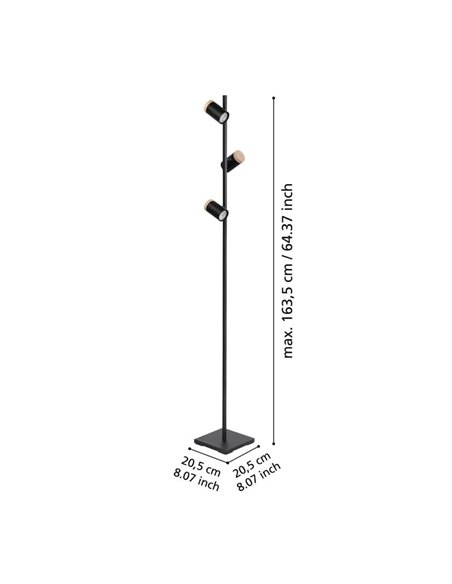 Luminária de chão LED CARTAGENA com 3 focos orientáveis, preta com detalhes em madeira, 3xGU10 4,5W, 3000K