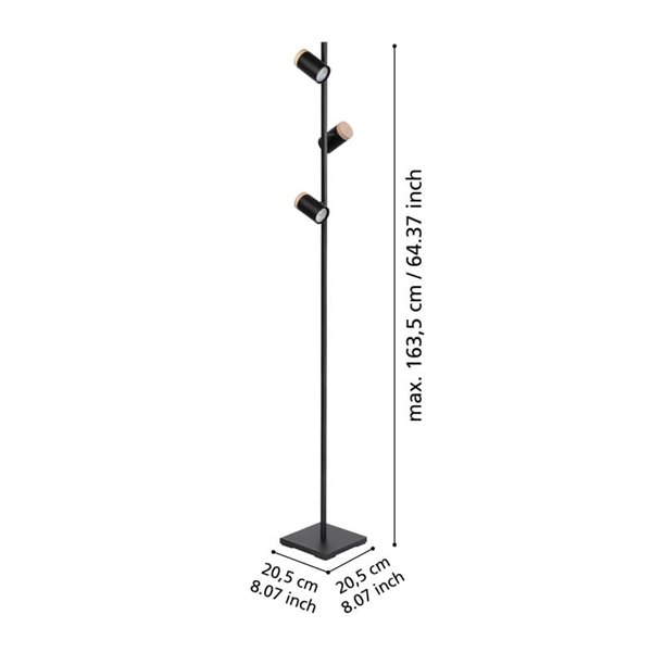 Lámpara de pie LED con 3 focos orientables CARTAGENA, negro con detalles madera, 3xGU10 4,5W, 3000K