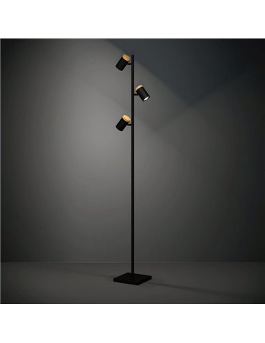 Lámpara de pie LED con 3 focos orientables CARTAGENA, negro con detalles madera, 3xGU10 4,5W, 3000K