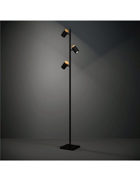 Lámpara de pie LED con 3 focos orientables CARTAGENA, negro con detalles madera, 3xGU10 4,5W, 3000K
