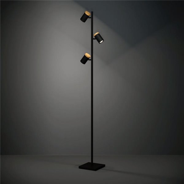 Lámpara de pie LED con 3 focos orientables CARTAGENA, negro con detalles madera, 3xGU10 4,5W, 3000K
