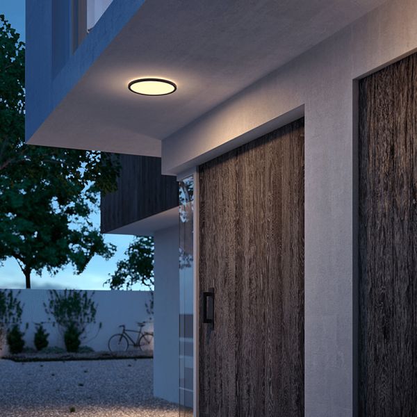 Plafón LED exterior redondo extraplano negro SuperSlim ambiente