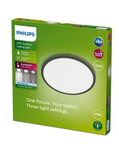 Luminária de teto LED SuperSlim redonda extra plana para exterior, preta | LeonLeds