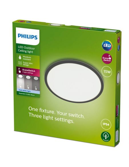 Luminária de teto LED SuperSlim redonda extra plana para exterior, preta | LeonLeds