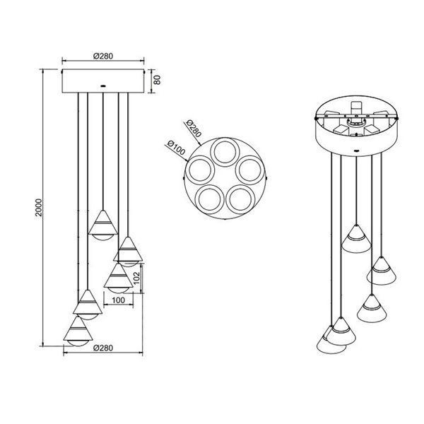 Luminária pendente com 5 luzes LED ROMEO 35W 3500lm DIP SWITCH 2300+3000+4000K IP20 Preto