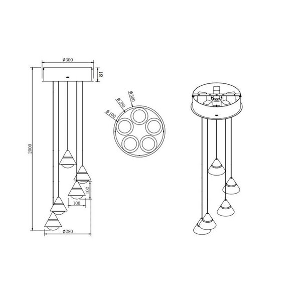 Luminária pendente com 5 luzes LED ROMEO 35W 3500lm DIP SWITCH 2300+3000+4000K IP20 Cinza