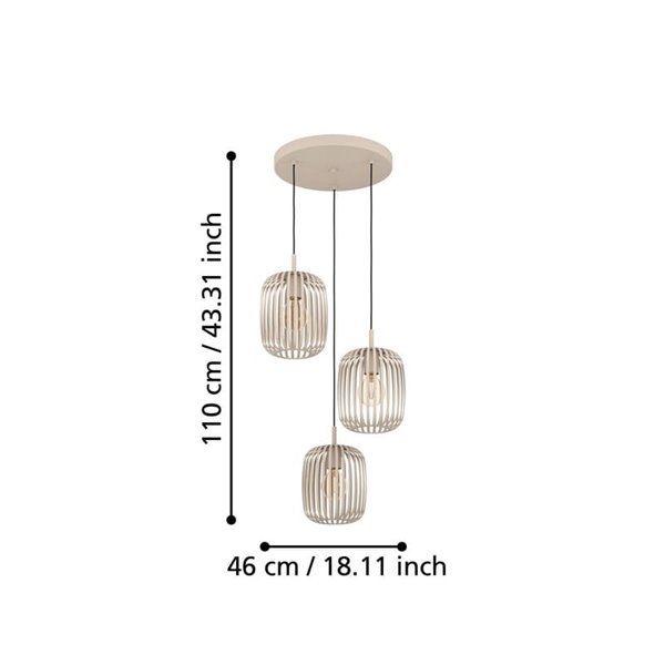 Lámpara colgante con base redonda y 3 luces diferentes alturas ROMAZZINA arena, 3xE27 (no incl.)