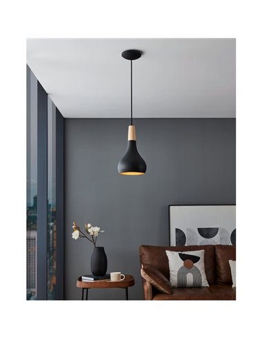 Plafonnier suspendu noir avec détail en bois SABINAR, Ø180mmE27 (non incl.)