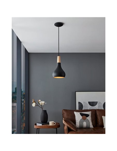 Plafonnier suspendu noir avec détail en bois SABINAR, Ø180mmE27 (non incl.)