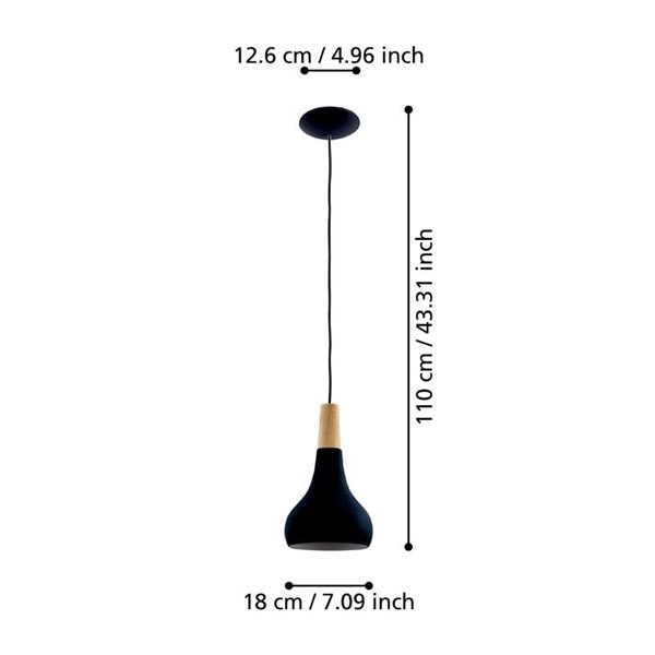 Plafonnier suspendu noir avec détail en bois SABINAR, Ø180mmE27 (non incl.)