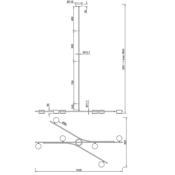 Suspension réglable CODA 6 lumières, sans ampoules GX53, max. 10 W, IP20, noire