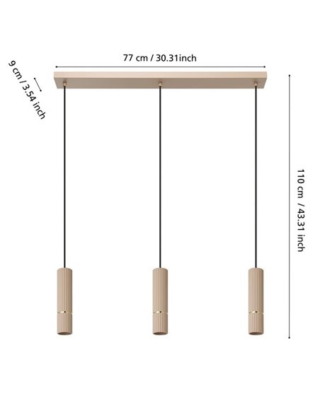 Lámpara colgante estilosa 3 luces LED CAMINIA, arena y latón cepillado, 3XGU10, 3000K