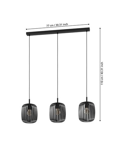 Lampe à suspension avec 3 abat-jour en bandes métalliques noires plates ROMAZZINA, ronde, E27 (non incl.)