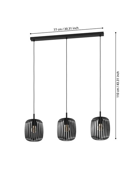 Lampe à suspension avec 3 abat-jour en bandes métalliques noires plates ROMAZZINA, ronde, E27 (non incl.)