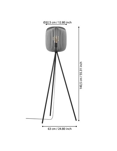 Lámpara de pie con 3 patas y pantalla redonda Ø325mm de metal ROMAZZINA, negro, E27 (no incl.) ↕ 1405mm