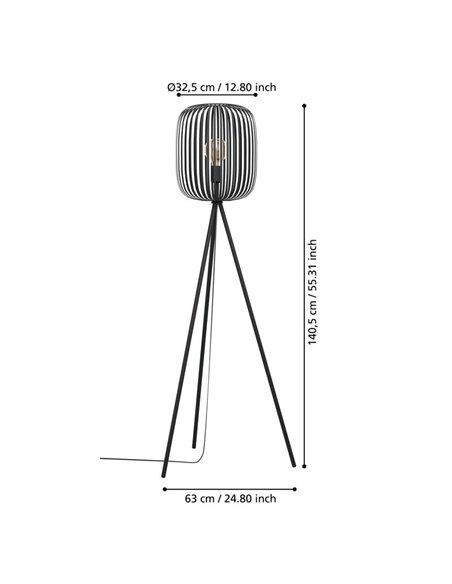 Lámpara de pie con 3 patas y pantalla redonda Ø325mm de metal ROMAZZINA, negro, E27 (no incl.) ↕ 1405mm