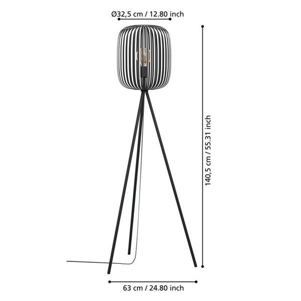 Lámpara de pie con 3 patas y pantalla redonda Ø325mm de metal ROMAZZINA, negro, E27 (no incl.) ↕ 1405mm