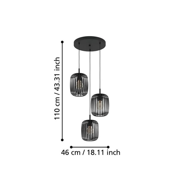 Suspension ROMAZZINA 3 lumières avec base ronde, noire E27