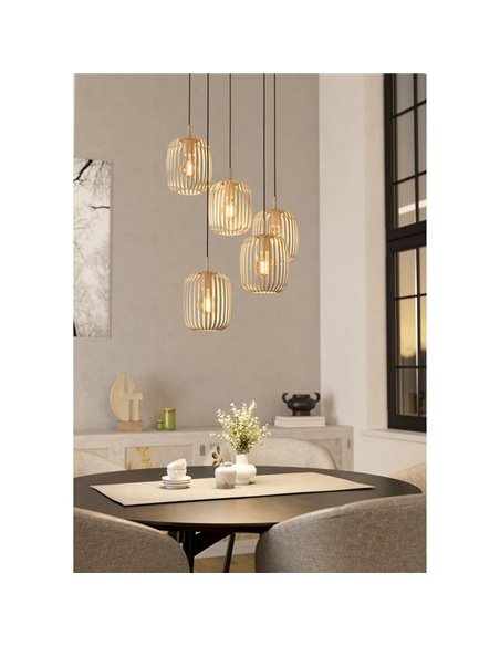 Grand plafonnier à 5 suspensions ROMAZZINA, en bandes métalliques sable, E27