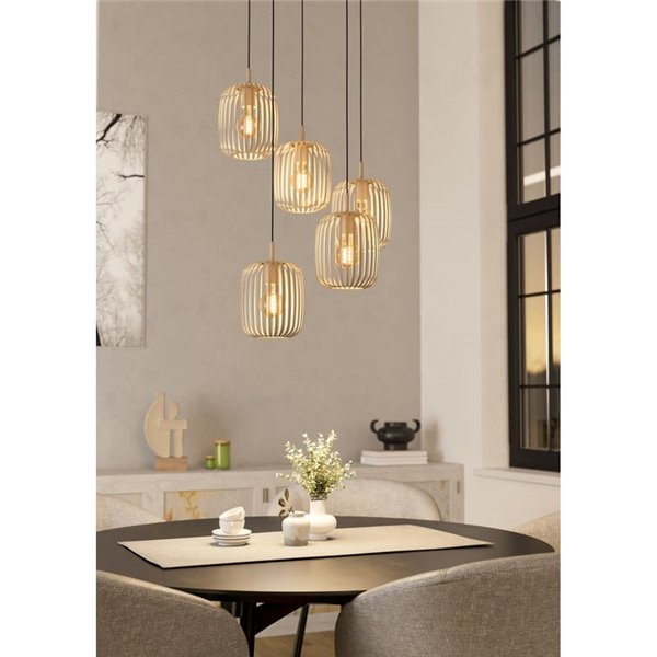 Luminária de teto grande com 5 pendentes ROMAZZINA, feita de tiras de metal cor areia, E27