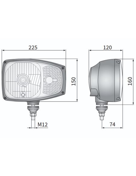 Medidas Faro delantero RGV1B-FF con intermitente izquierdo y derecho H4 12V, IP66, soporte lateral vertical, conector DT04-6P