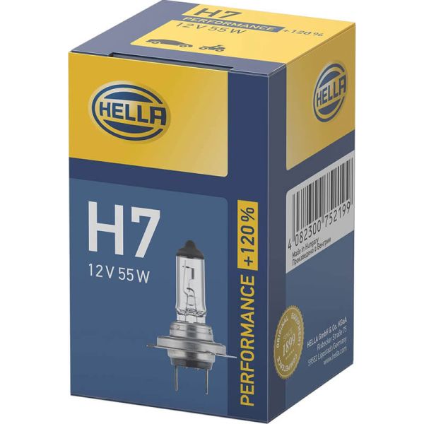 Bombilla halógena HELLA H7 Performance +120% 12V 55W PX26d caja 1 unidad 8GH 223 498-031