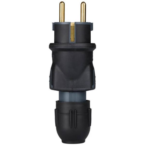 Clavija 2P+T 16A IP44 de caucho negro con prensaestopas salida recta 050340