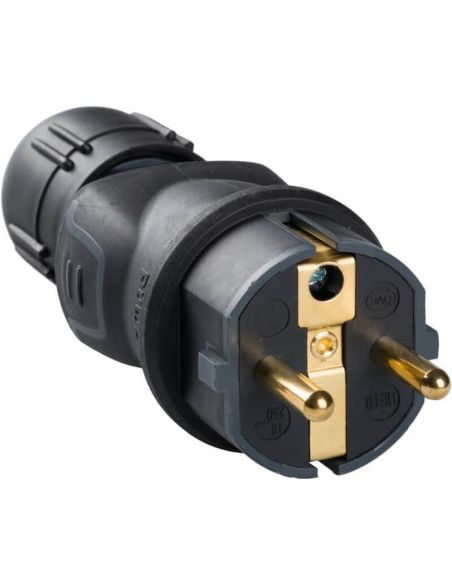 Clavija 2P+T 16A IP44 de caucho negro con prensaestopas salida recta 050340