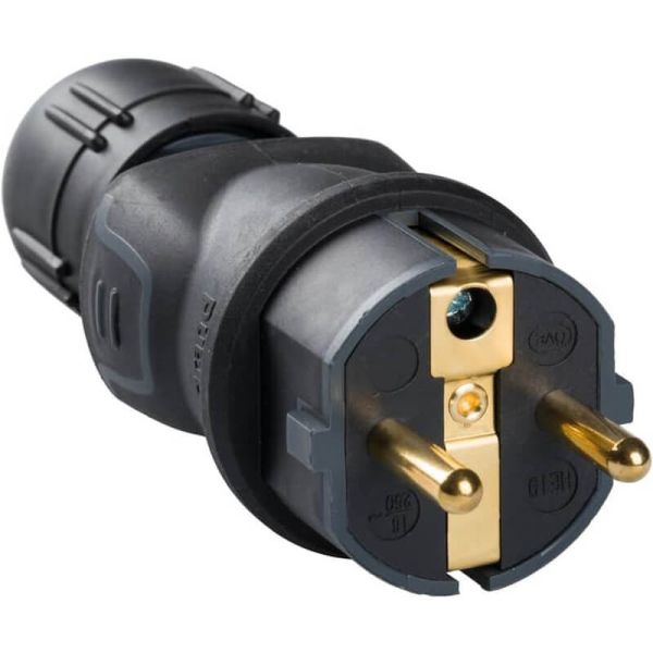Plugue de borracha preta 2P+E 16A IP44 com prensa-cabo de saída reto 050340