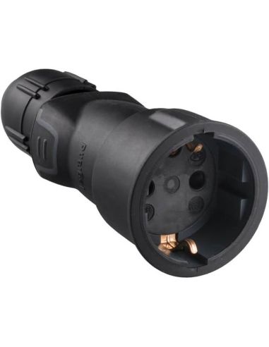 Base de enchufe 2P+T 16A IP44 de caucho negro con prensaestopas salida recta