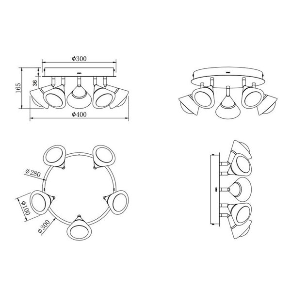 Plafonnier LED 5 lumières pivotantes ROMEO 7W 5x700lm, 2300+3000+4000K IP20 Nickel