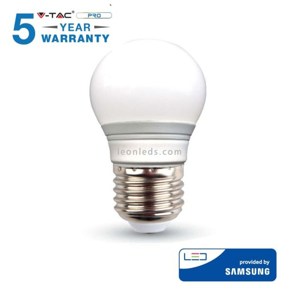 Bombilla Led Esferica Vtac Pro VT-245 262 E27 G45 4.5W- Esférica Chip Samsung con 5 años de garantia baratas | LeonLeds Ilumina