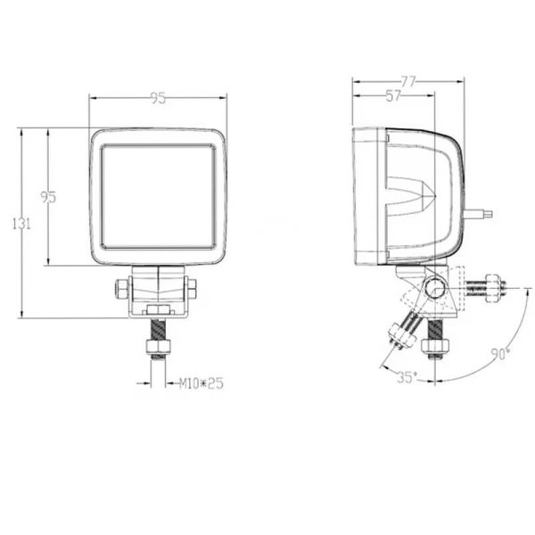 Dimensions Lampe de travail LED très puissante 76W 11970Lm, carrée 12/24V avec support rotatif IP67