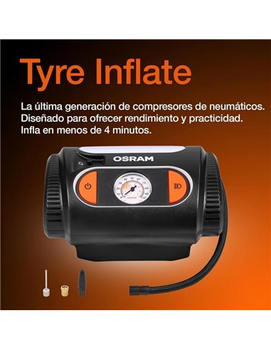 TYREinflate 2110 LED Inflador de pneus, 0–6,9 bar Manômetro analógico com cabo de 3 m, 12 V, 3 adaptadores