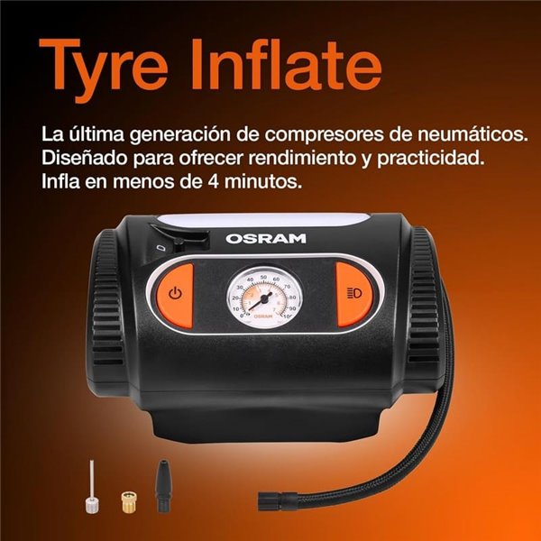Inflador de neumáticos con luz LED TYREinflate 2110, manómetro analógico 0–6.9 bar con cable 3m, 12V, 3 adaptadores