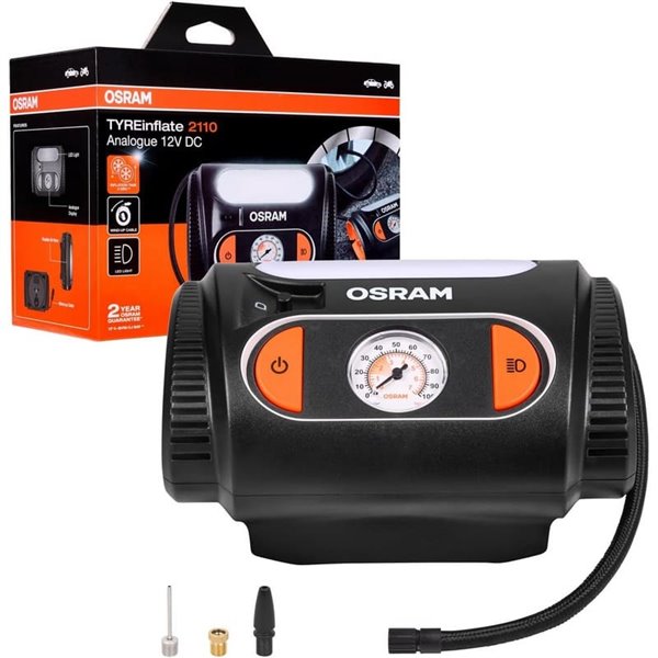 Gonfleur de pneus LED TYREinflate 2110, manomètre analogique 0–6,9 bar avec câble de 3 m, 12 V, 3 adaptateurs