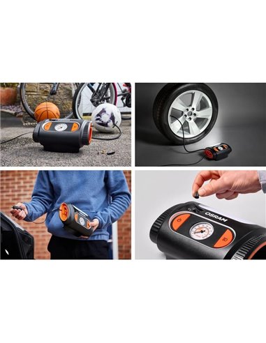 Inflador de neumáticos con luz LED TYREinflate 2110, manómetro analógico 0–6.9 bar con cable 3m, 12V, 3 adaptadores