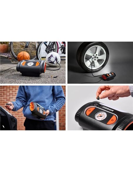 Inflador de neumáticos con luz LED TYREinflate 2110, manómetro analógico 0–6.9 bar con cable 3m, 12V, 3 adaptadores