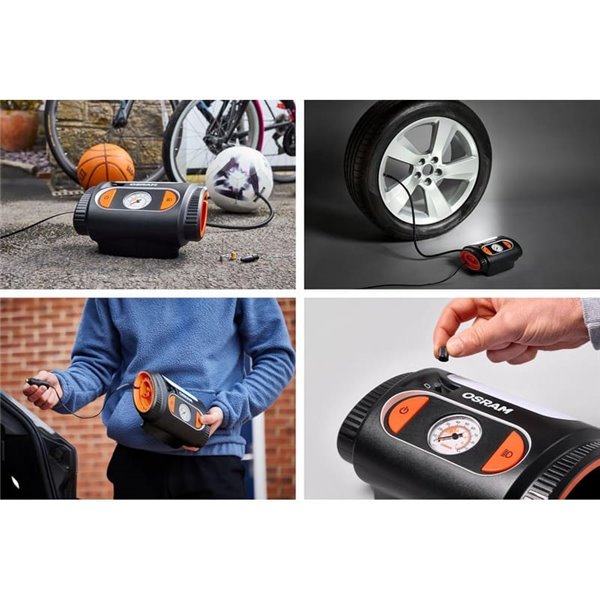 Inflador de neumáticos con luz LED TYREinflate 2110, manómetro analógico 0–6.9 bar con cable 3m, 12V, 3 adaptadores