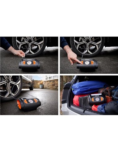 Inflador de neumáticos con luz LED TYREinflate 2110, manómetro analógico 0–6.9 bar con cable 3m, 12V, 3 adaptadores