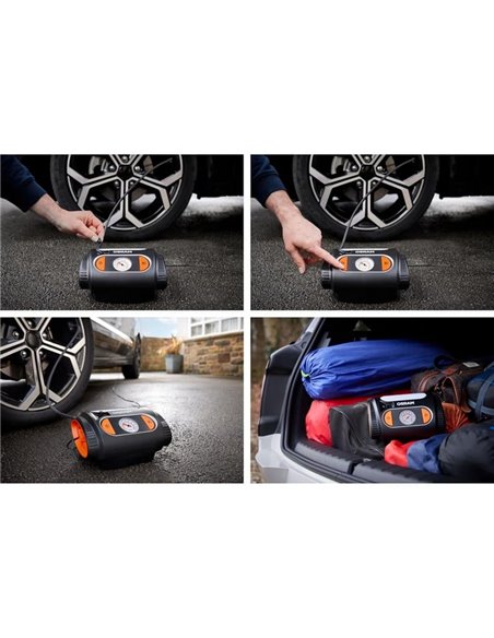 Inflador de neumáticos con luz LED TYREinflate 2110, manómetro analógico 0–6.9 bar con cable 3m, 12V, 3 adaptadores