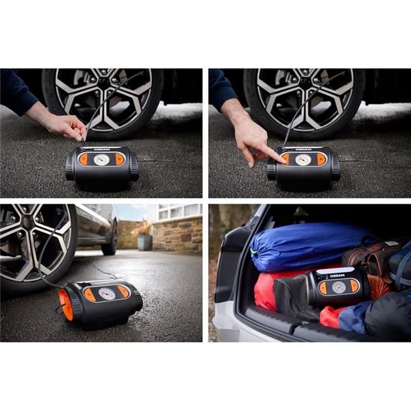 Inflador de neumáticos con luz LED TYREinflate 2110, manómetro analógico 0–6.9 bar con cable 3m, 12V, 3 adaptadores
