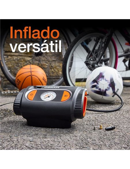 Inflador de neumáticos con luz LED TYREinflate 2110, manómetro analógico 0–6.9 bar con cable 3m, 12V, 3 adaptadores