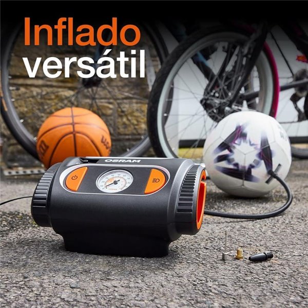 Inflador de neumáticos con luz LED TYREinflate 2110, manómetro analógico 0–6.9 bar con cable 3m, 12V, 3 adaptadores