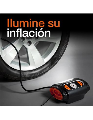 Inflador de neumáticos con luz LED TYREinflate 2110, manómetro analógico 0–6.9 bar con cable 3m, 12V, 3 adaptadores