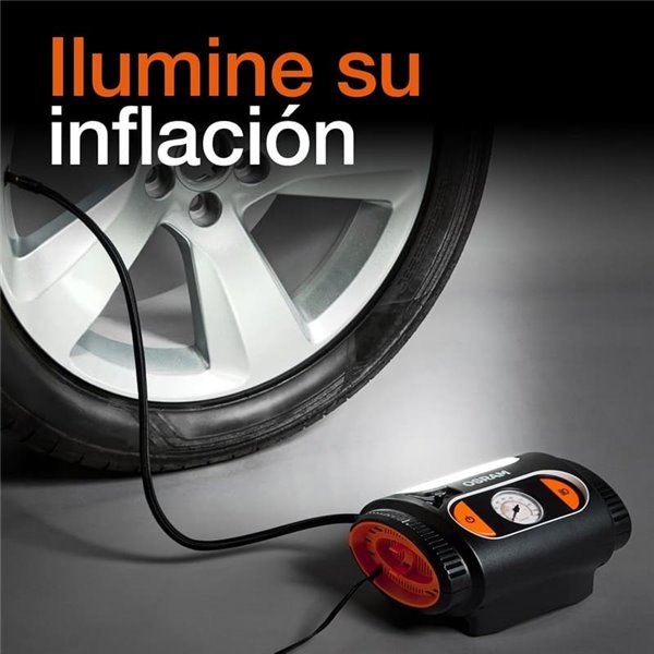 Inflador de neumáticos con luz LED TYREinflate 2110, manómetro analógico 0–6.9 bar con cable 3m, 12V, 3 adaptadores