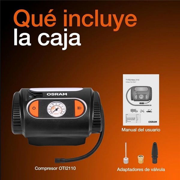Inflador de neumáticos con luz LED TYREinflate 2110, manómetro analógico 0–6.9 bar con cable 3m, 12V, 3 adaptadores