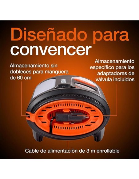 Inflador de neumáticos con luz LED TYREinflate 2110, manómetro analógico 0–6.9 bar con cable 3m, 12V, 3 adaptadores