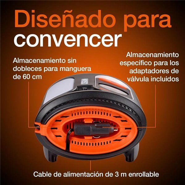 Inflador de neumáticos con luz LED TYREinflate 2110, manómetro analógico 0–6.9 bar con cable 3m, 12V, 3 adaptadores